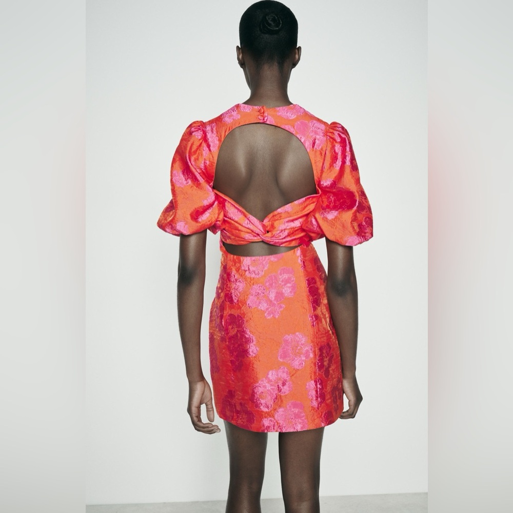 Zara dress mini puff wide sleeve cut out hot Pink Floral wedding summer vacation - Picture 9 of 12